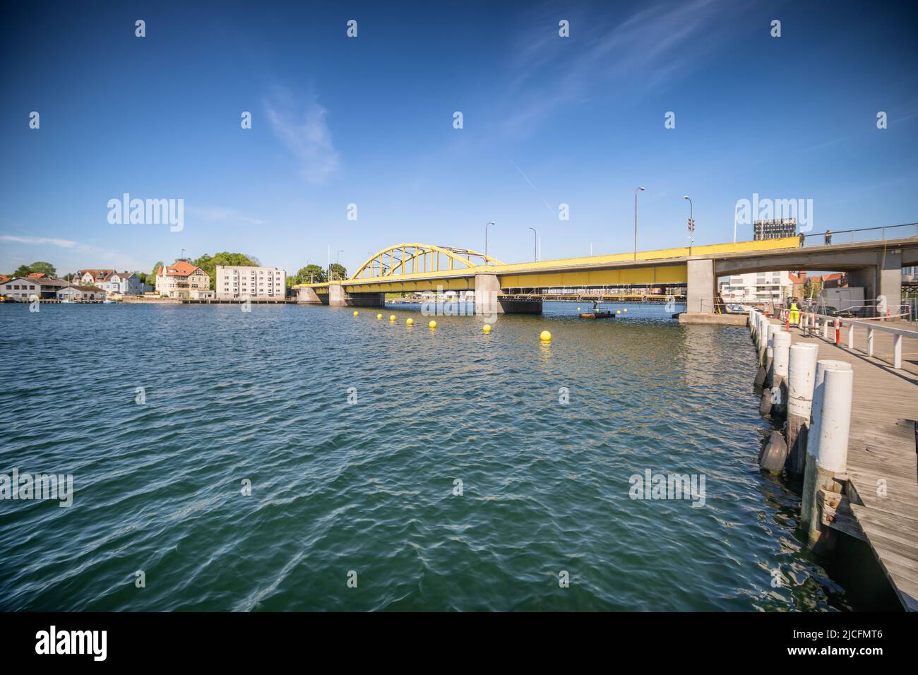 Sonderborg old bridge dressed up in yellow tour color, Denmark Stock Photo