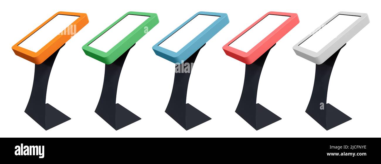 Set of multicolored self-service desk - information kiosk isolated on white background Stock Photo