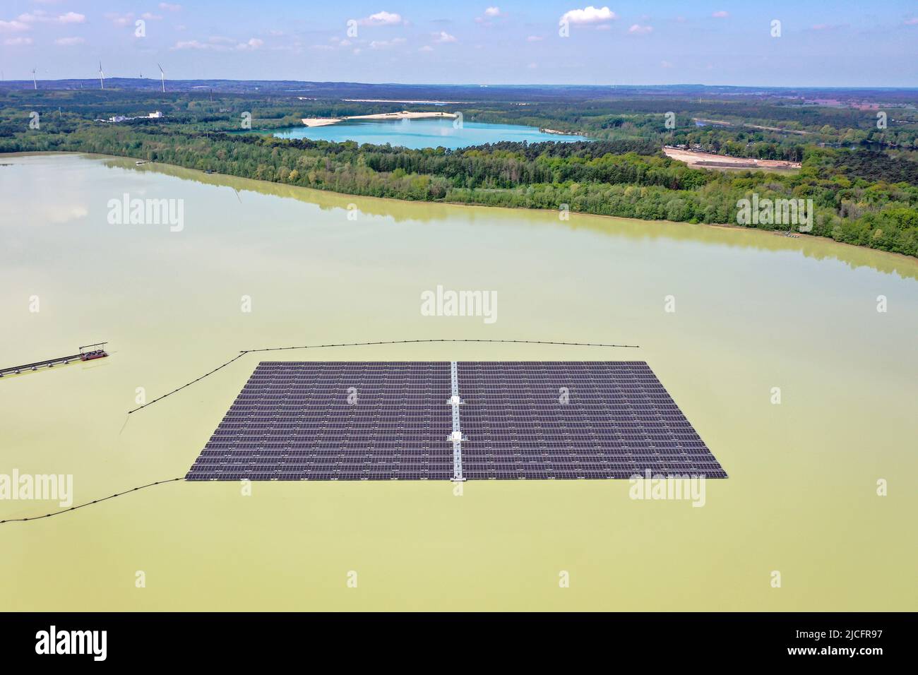 Haltern am See, North Rhine-Westphalia, Germany - Germany's largest floating solar park. 5, 800 photovoltaic elements produce 3 million kilowatt hours of electricity from solar energy every year. Stock Photo