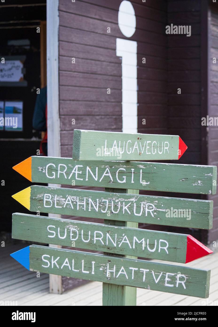 Laugavegur hiking trail is the most famous multi-day trekking tour in Iceland. Landscape photo from the area around Landmannalaugar, starting point of the long-distance hiking trail in the highlands of Iceland. Signpost Sudurnamur Skalli Hattver Stock Photo