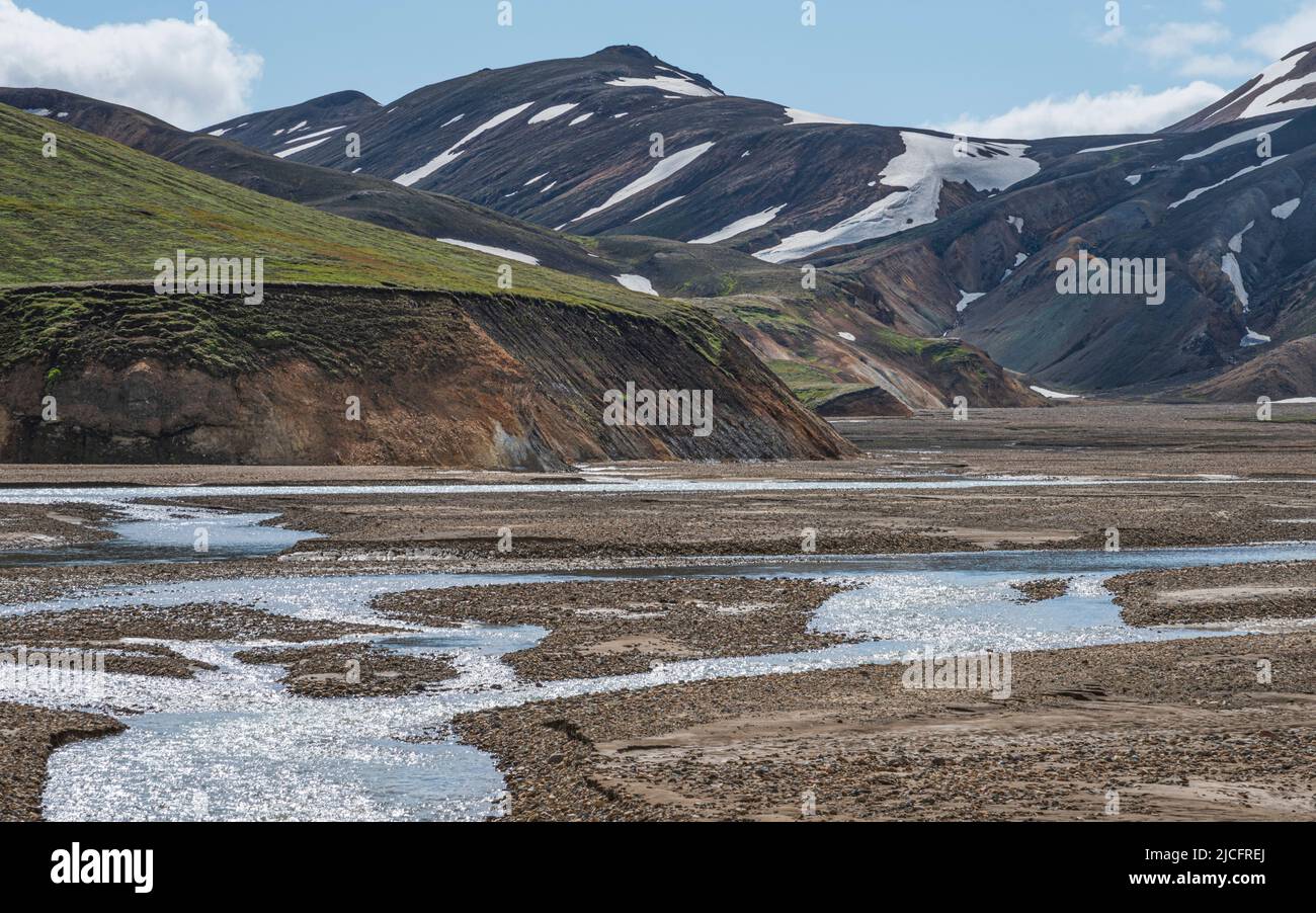 Laugavegur hiking trail is the most famous multi-day trekking tour in Iceland. Landscape shot from the area around Landmannalaugar, starting point of the long-distance hiking trail in Iceland's highlands. River. Stock Photo