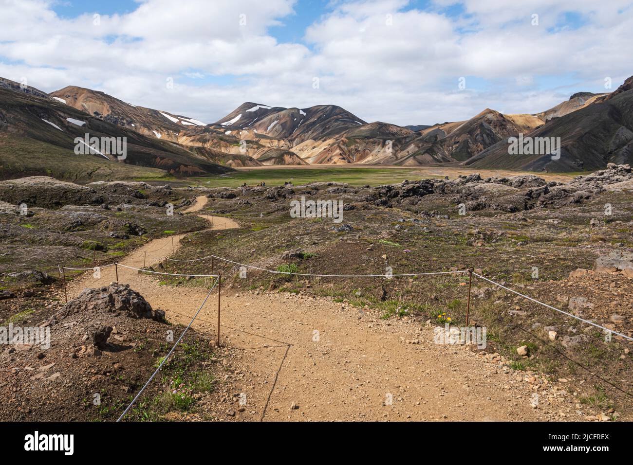 Laugavegur hiking trail is the most famous multi-day trekking tour in Iceland. Landscape photo from the area around Landmannalaugar, starting point of the long-distance hiking trail in the highlands of Iceland. Marked hiking trail. Stock Photo