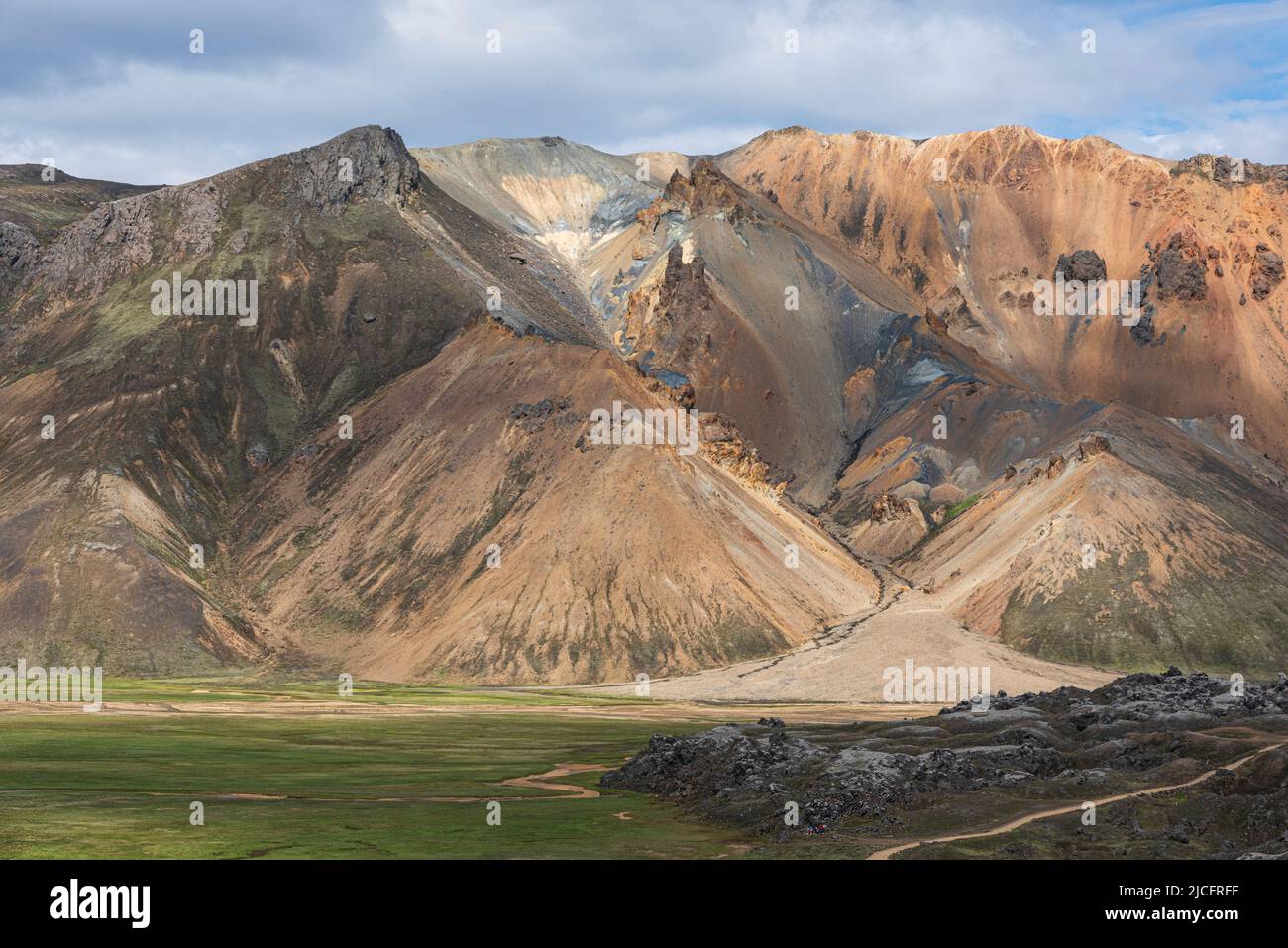 Laugavegur hiking trail is the most famous multi-day trekking tour in Iceland. Landscape photo from the area around Landmannalaugar, starting point of the long-distance hiking trail in the highlands of Iceland near the volcano Hekla. Stock Photo