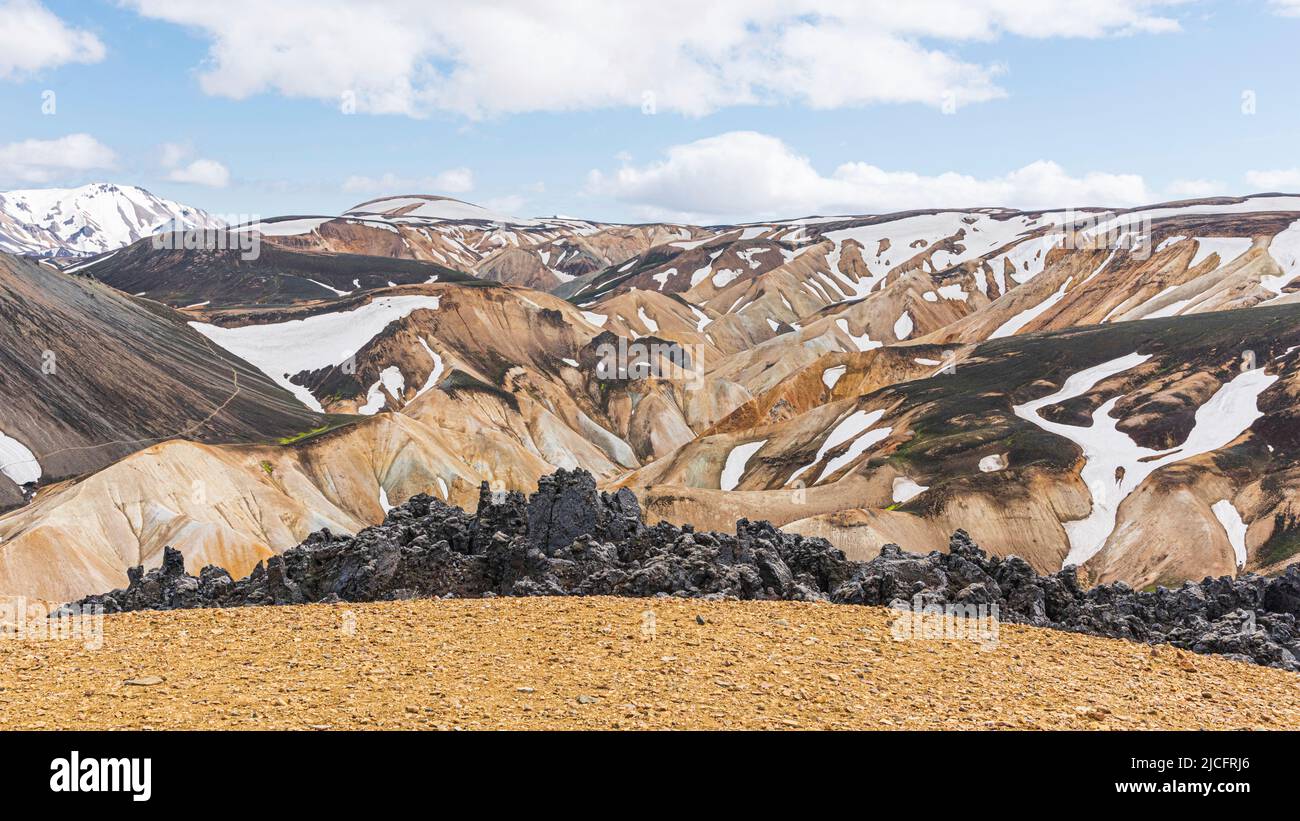 Laugavegur hiking trail is the most famous multi-day trekking tour in Iceland. Landscape photo from the area around Landmannalaugar, starting point of the long-distance hiking trail in the highlands of Iceland. Stock Photo