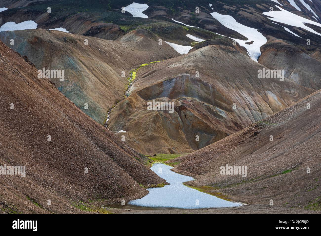 Laugavegur hiking trail is the most famous multi-day trekking tour in Iceland. Landscape shot from the area around Landmannalaugar, starting point of the long-distance hiking trail in the highlands of Iceland. Mountain lake. Stock Photo