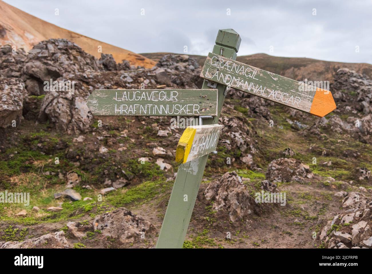 Laugavegur hiking trail is the most famous multi-day trekking tour in Iceland. Landscape photo from the area around Landmannalaugar, starting point of the long-distance hiking trail in the highlands of Iceland. Signpost Hrafntinnusker Grænagil Stock Photo
