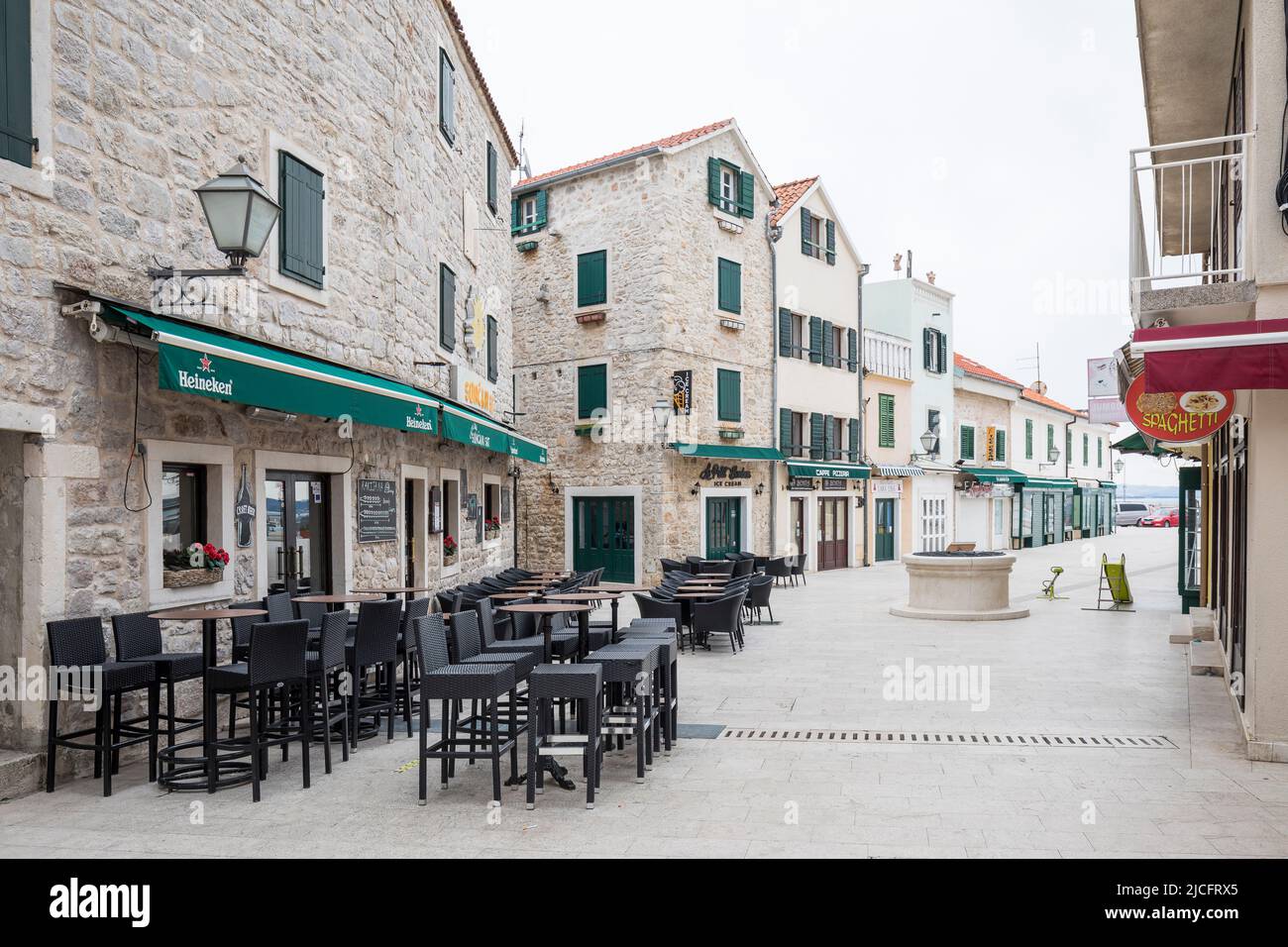 Empty restaurants in the small town of Vodice, Sibenik-Knin County, Central Dalmatia, Croatia, Europe Stock Photo