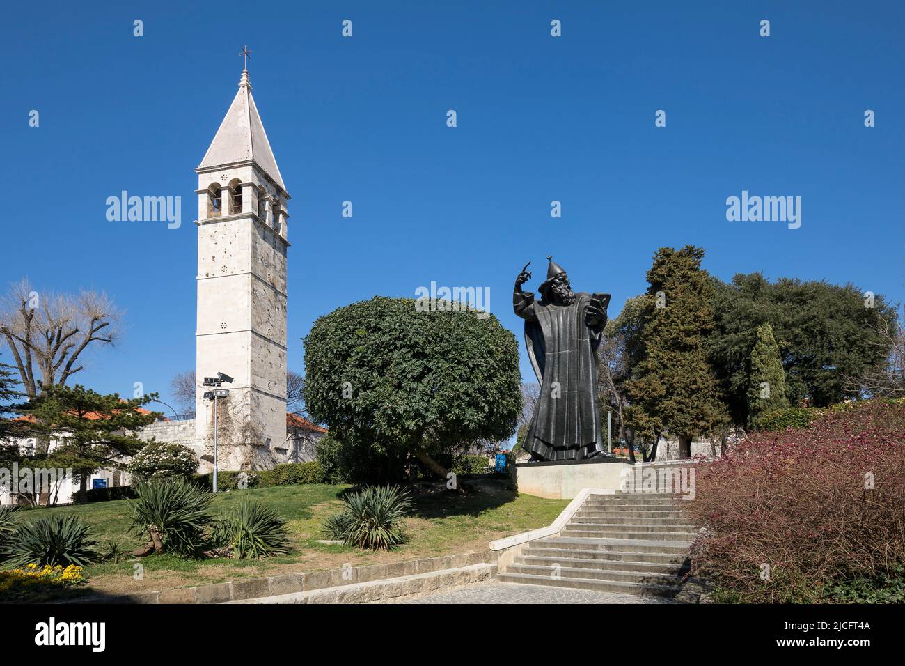 Bell tower and statue of Bishop Gregory of Nin by Ivan Mestrovic, Split, Split-Dalmatia County, Dalmatia, Croatia, Europe Stock Photo