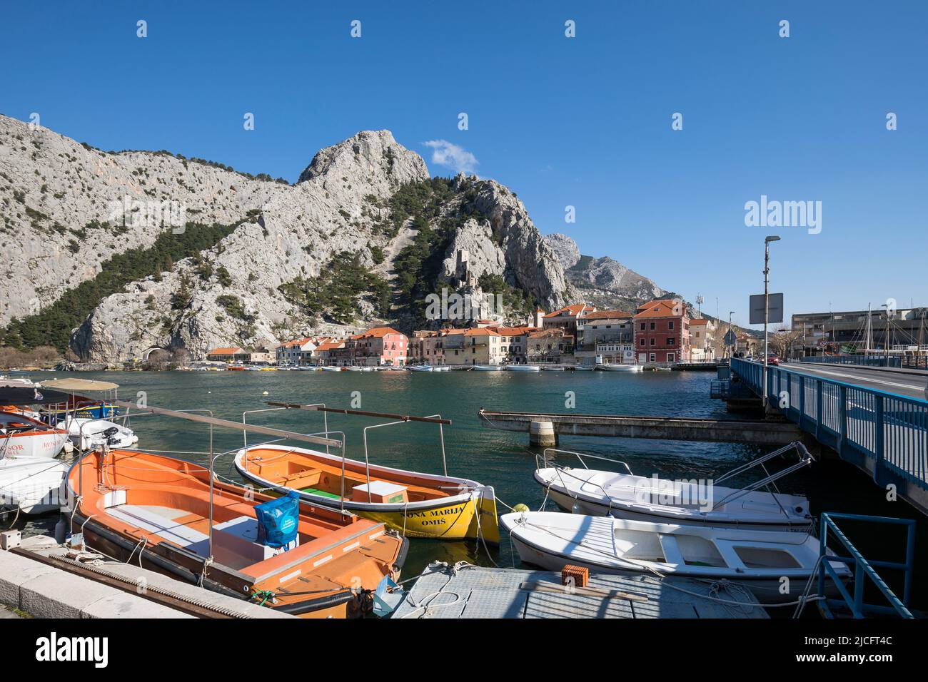 View to the old town of Omis, boats at the mouth of the river Cetina into the Adriatic Sea, Split-Dalmatia County, Dalmatia, Croatia, Europe Stock Photo
