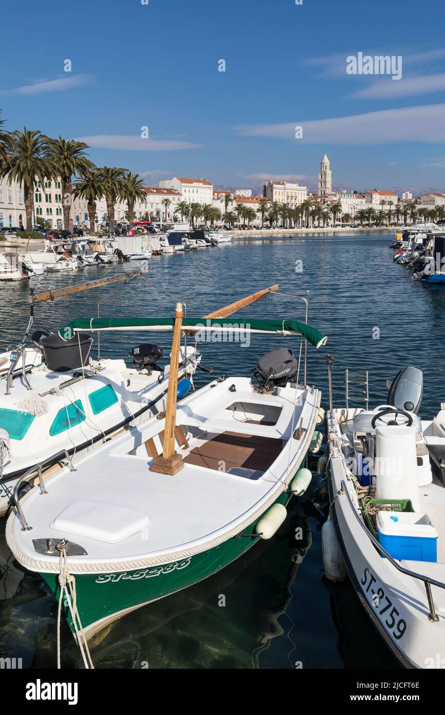 Boats in the harbor and old town, Split, Split-Dalmatia County, Dalmatia, Croatia, Europe Stock Photo