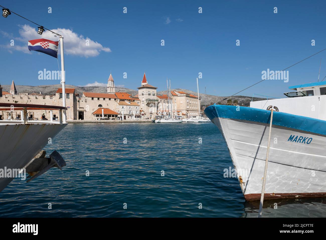 View from the harbor to the old town of Trogir, UNESCO World Heritage Site, Adriatic Sea, Split-Dalmatia County, Dalmatia, Croatia, Europe Stock Photo