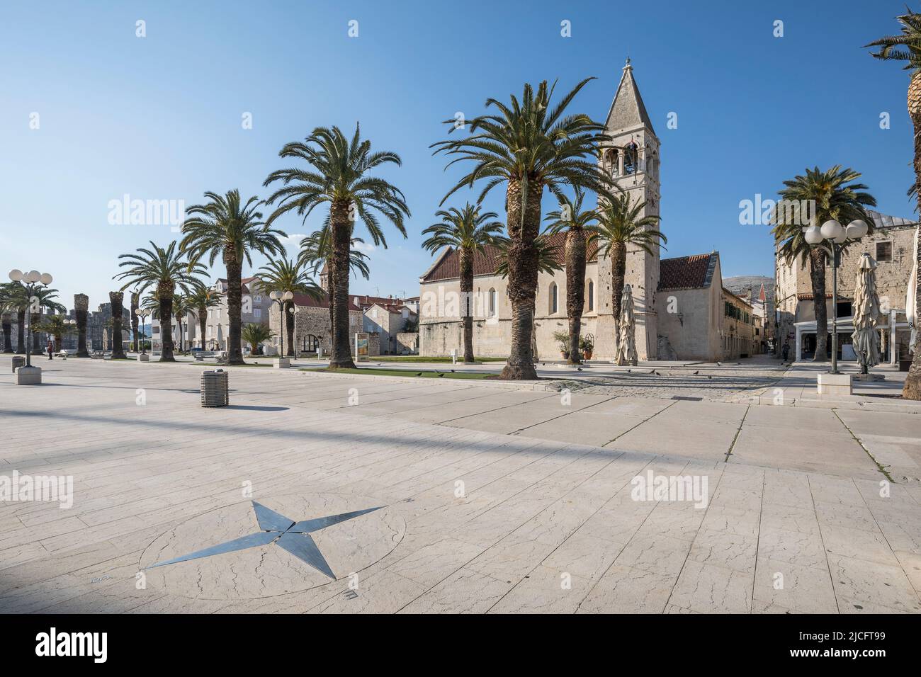 Promenade with compass rose and church Sveti Dominik in the old town of Trogir, UNESCO World Heritage Site, Split-Dalmatia County, Dalmatia, Croatia, Europe Stock Photo
