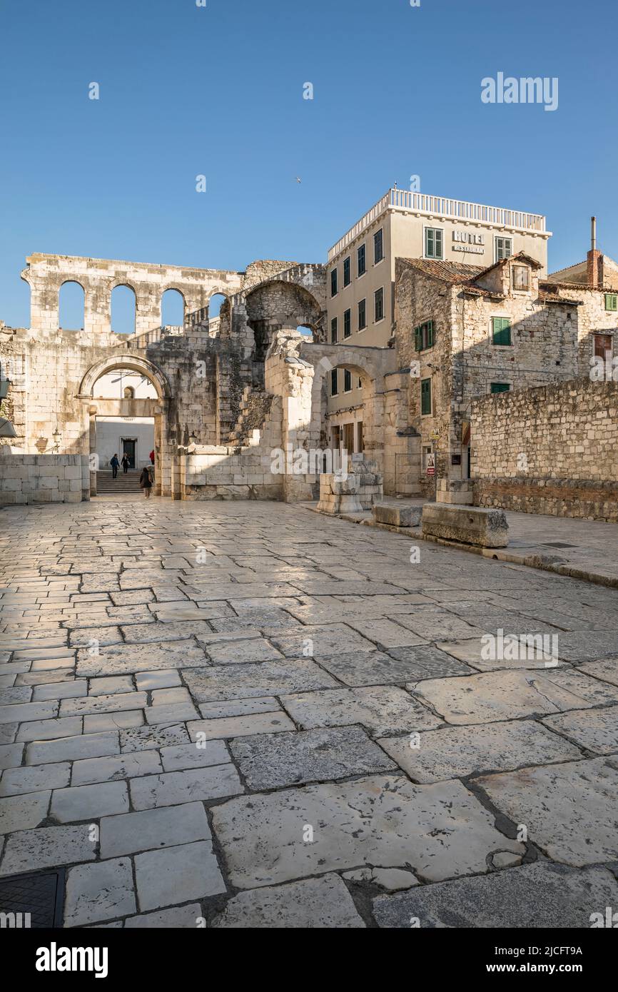Diocletian's Palace Square, Silver Gate on the left, Split, UNESCO World Heritage Site, Split-Dalmatia County, Dalmatia, Croatia, Europe Stock Photo