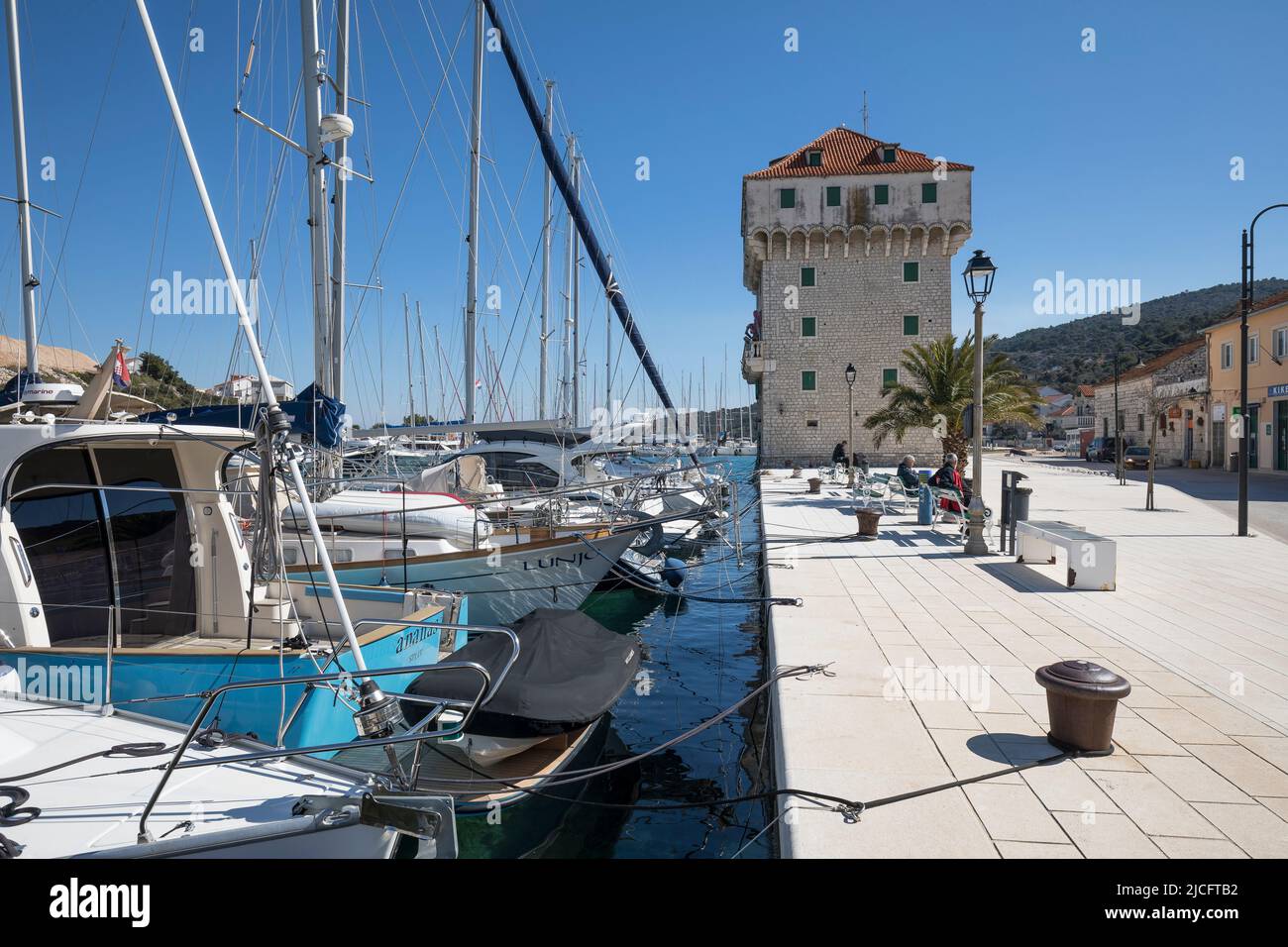 Marina Agana and historical tower in the village Marina, Split-Dalmatia County, Dalmatia, Croatia, Europe Stock Photo