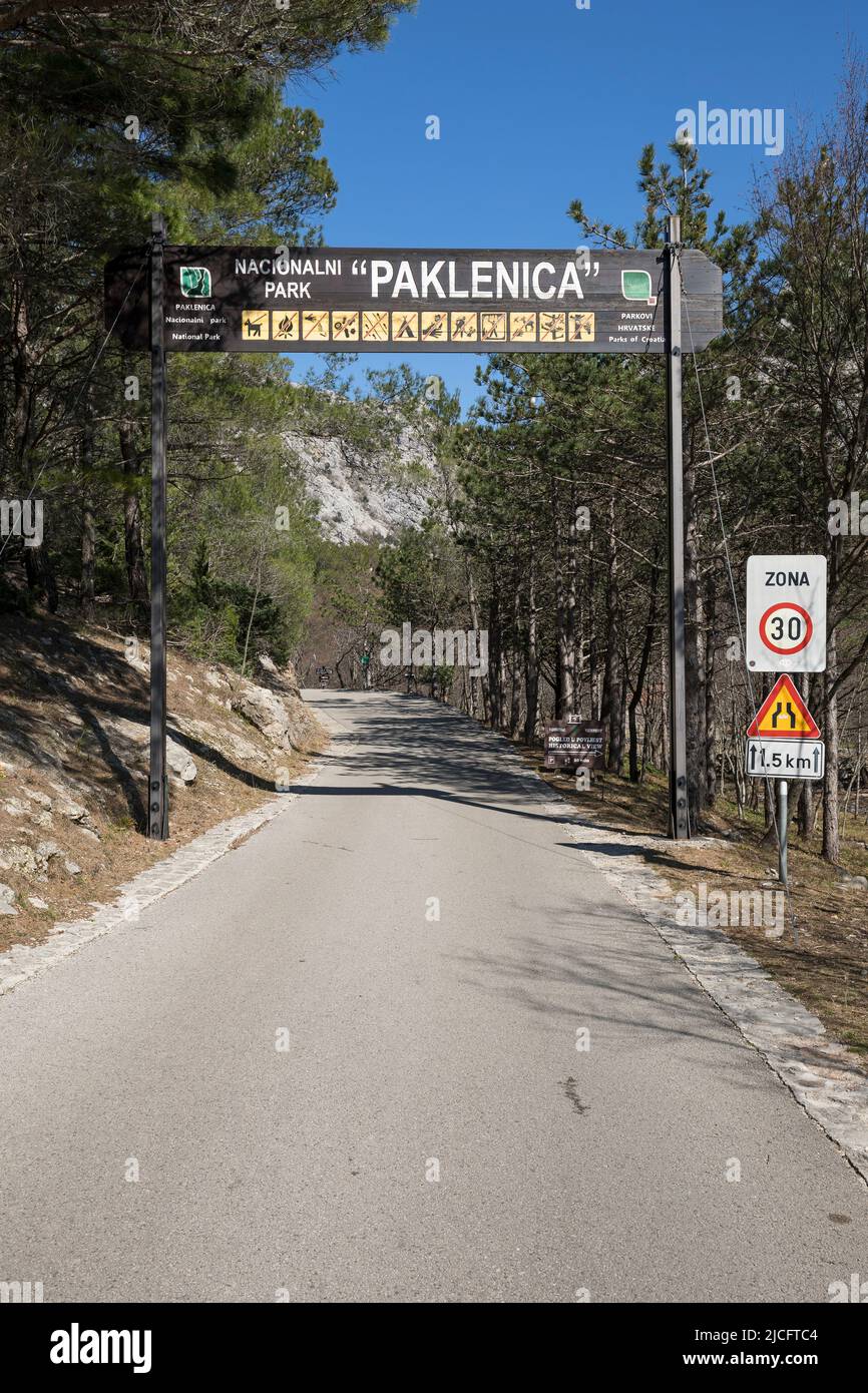 Entrance to Paklenica National Park in Velebit mountain massif, valley town Starigrad-Paklenica, Zadar County, Dalmatia, Croatia, Europe Stock Photo