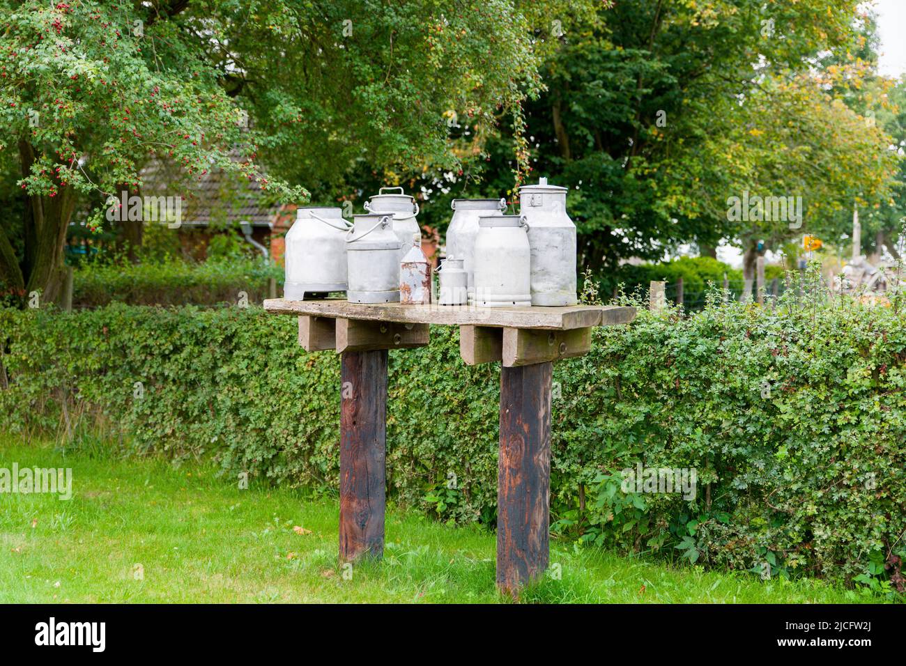 Rusty old milk cans, Mecklenburg-Western Pomerania, Germany Stock Photo