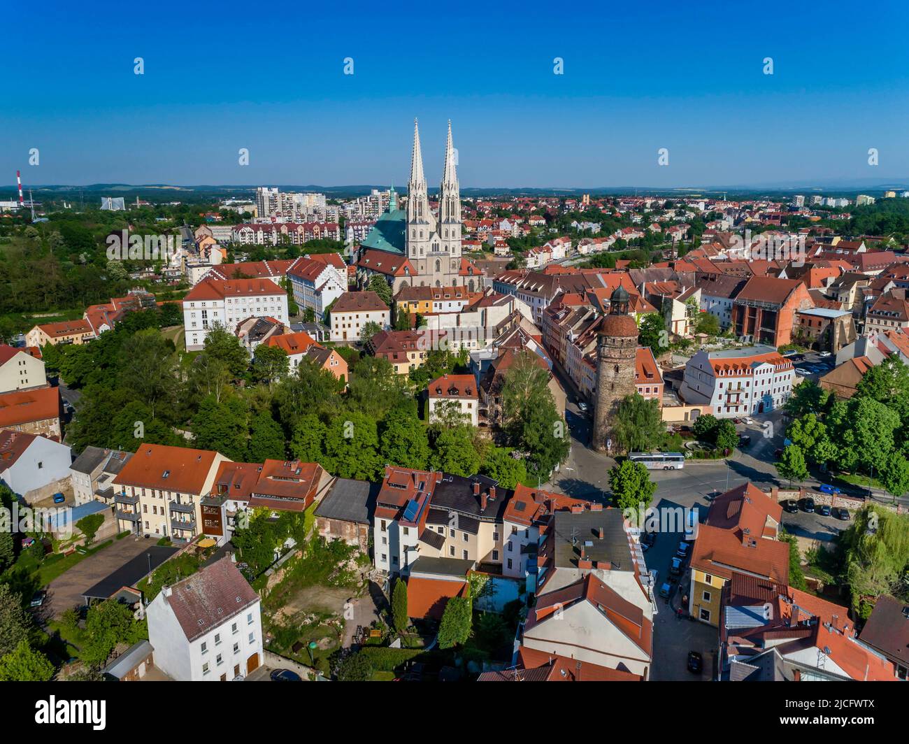 Redeveloped old town (Nikolaiviertel) in Görlitz: Redeveloped old town in Görlitz: View of the medieval Goerlitz, the church of St. Peter and Paul and the Polish Zgorzelec. Stock Photo