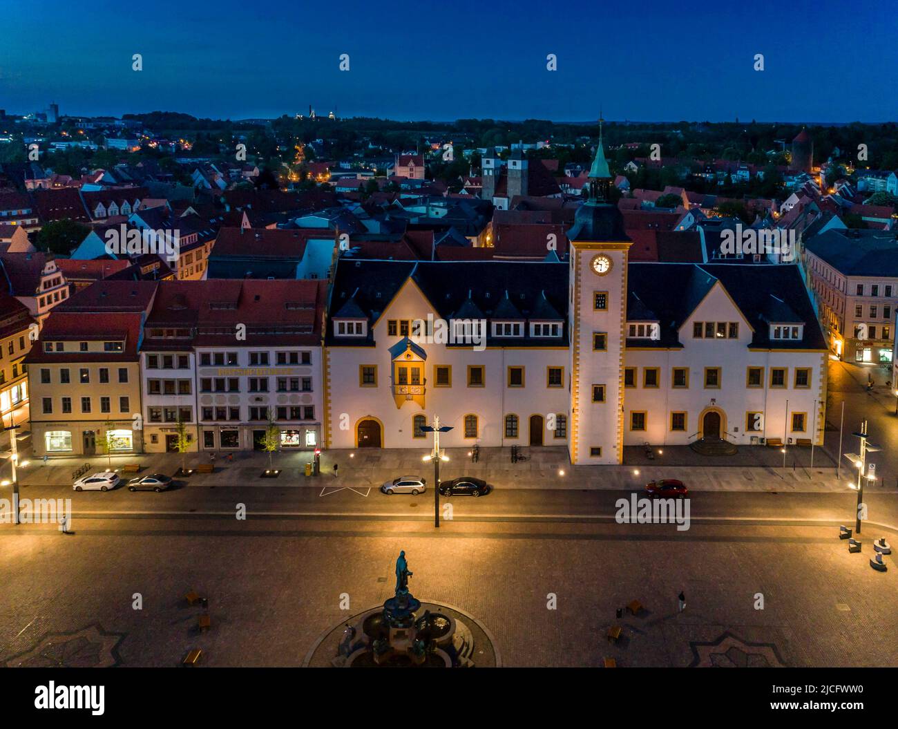 Obermarkt in Freiberg: View of the town hall on the Obermarkt in Freiberg. The more than 800 year old mining town of Freiberg once gained wealth and importance through the Saxon silver mining. In the middle of the market square is the monument to Otto the Reic Stock Photo