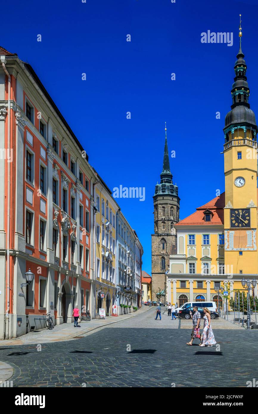Old town of Bautzen in Upper Lusatia: The town hall, which was rebuilt in 1705 in baroque style, received a tower with a three-story crown. Stock Photo