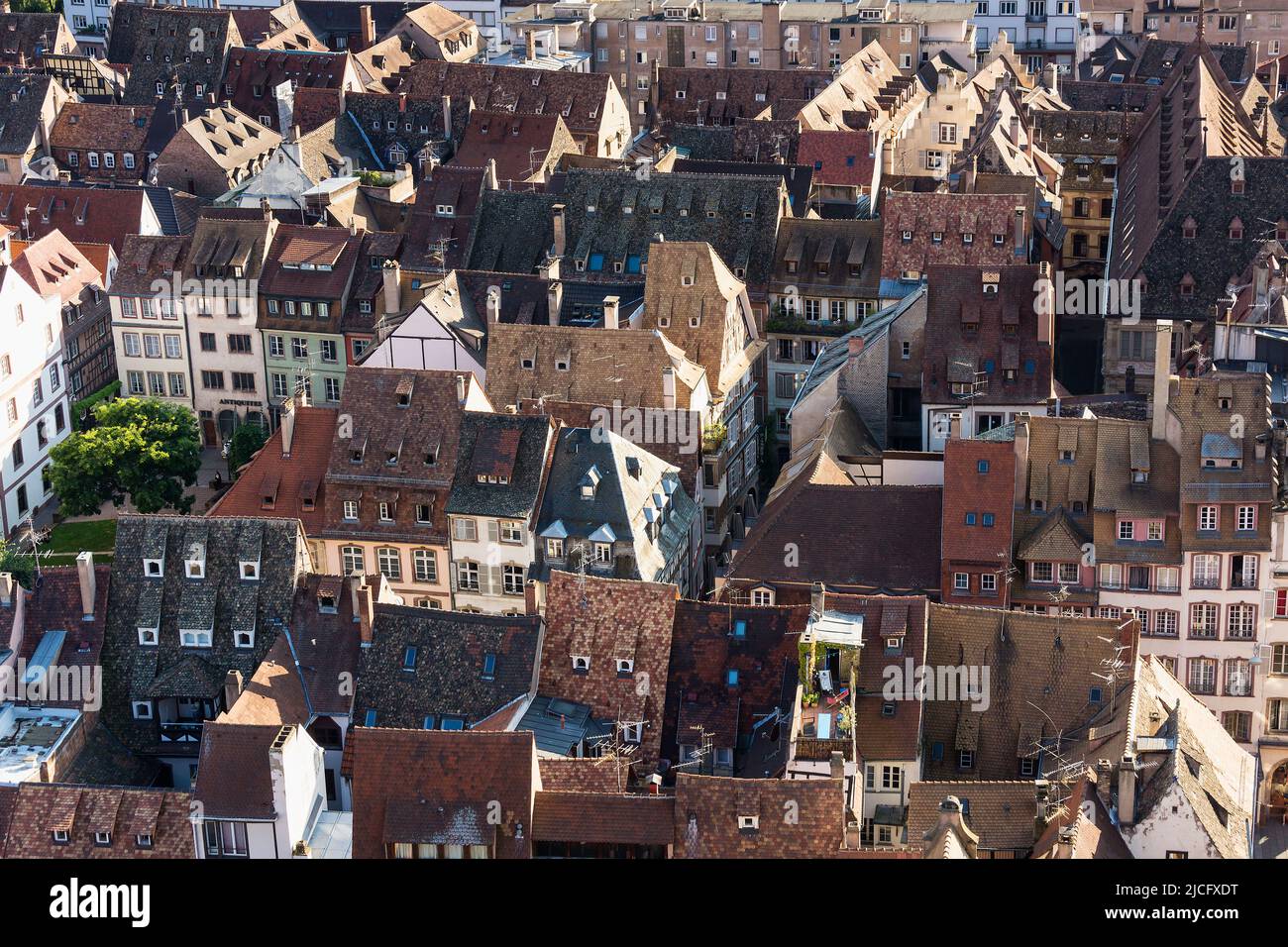France, Alsace, view from Strasbourg cathedral to the roofs of the old ...