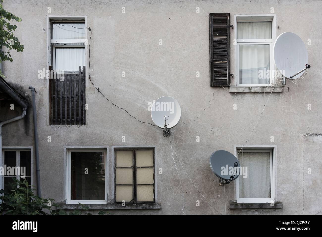 Germany, Rhineland-Palatinate, Germersheim, facade with satellite dishes Stock Photo