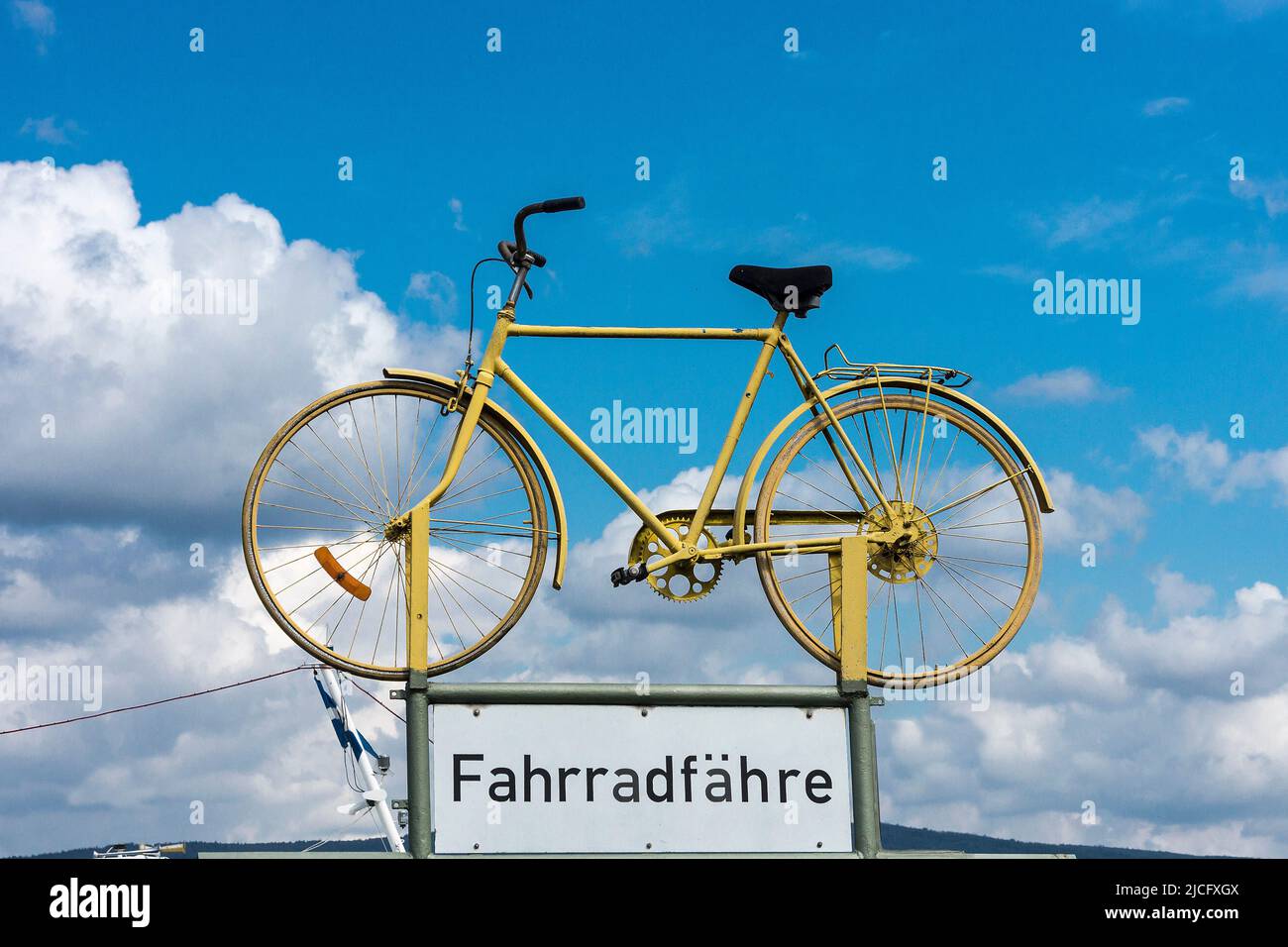 Germany, bicycle ferry between Budenheim (Rhineland-Palatinate) and Walluf (Hesse), detail, yellow bicycle wheel Stock Photo