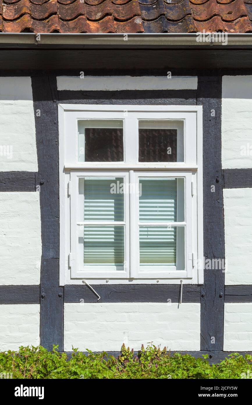 Window, half-timbered house at Blomendal Castle in Bremen-Blumenthal, Bremen, Germany, Europe Stock Photo