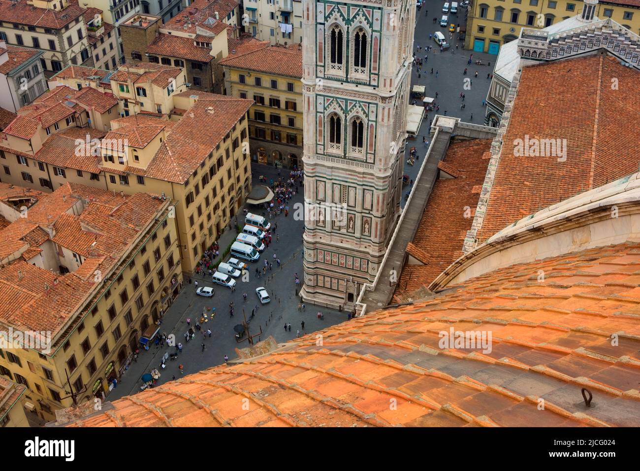 Overview of the Campanile (bell tower) and Florence from the Cathedral dome, Florence, Tuscany, Italy Stock Photo