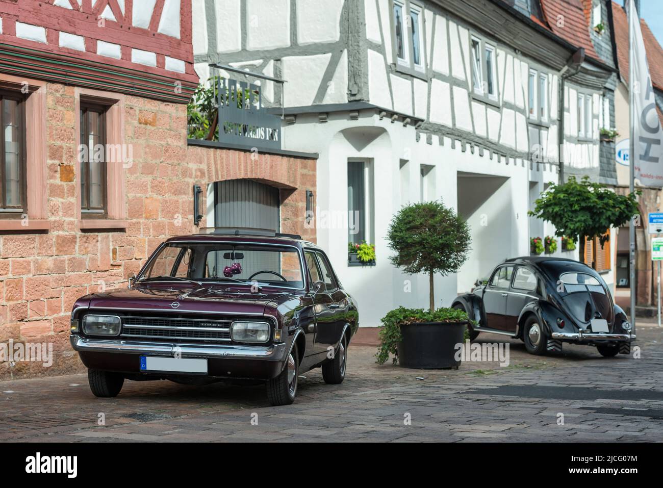 Obernburg, Bavaria, Germany, Opel Rekord 1900 Coupe, year of construction 1969 in the background a VW Beetle year of construction approx. 1958 Stock Photo