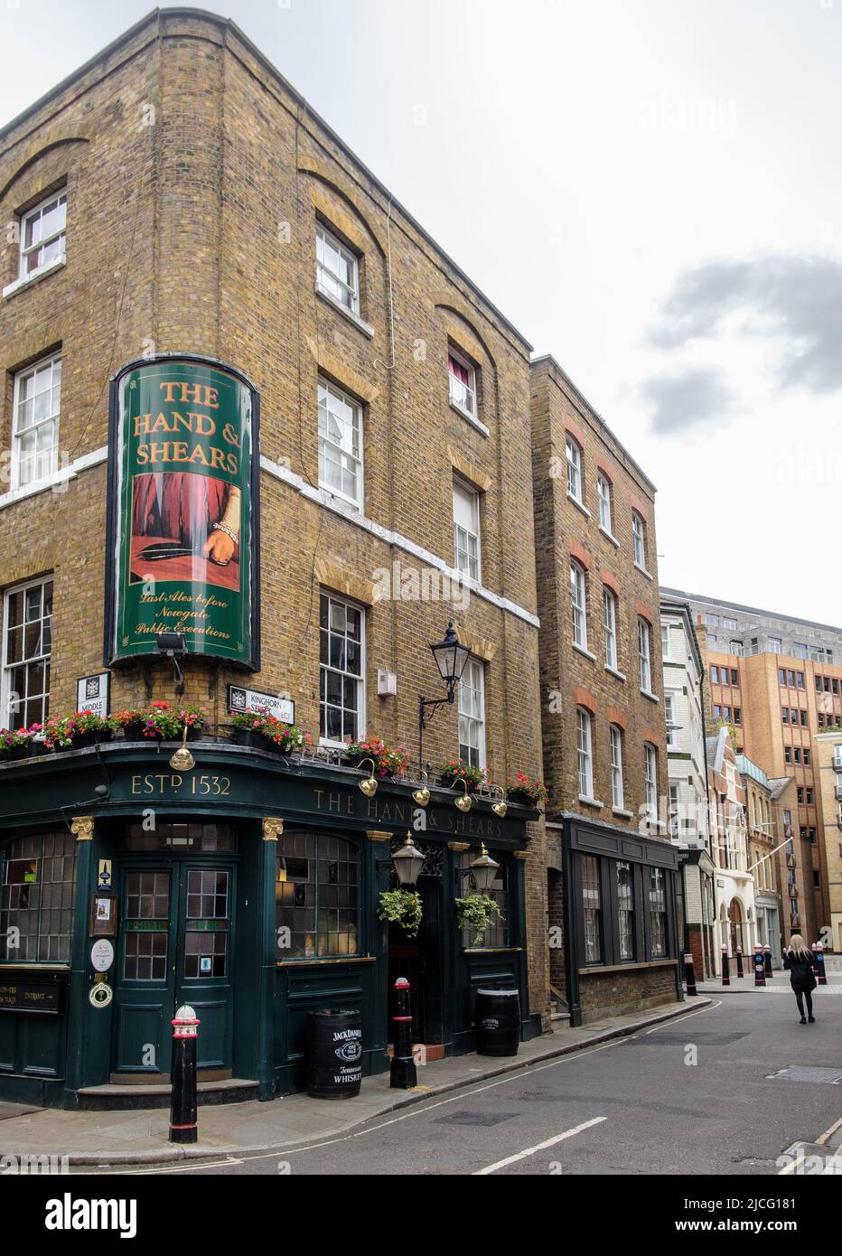 The Hand and Shears pub, at the corner of Cloth Fair and Kinghorn Street, Smithfield, London. Stock Photo