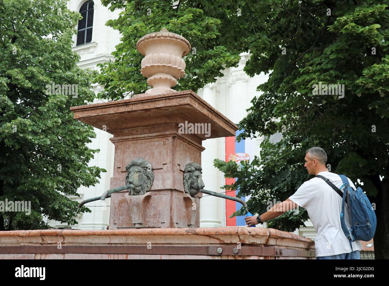 Four Lions Fountain carved from red marble at Sremski Karlovci in Serbia Stock Photo