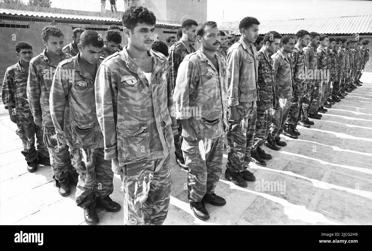 Captured Egyptian soldiers in a POW camp in Atlit, lined up for roll call, during the Yom Kippur War, the Yom Kippur War between Israel and the Arab states of Egypt, Jordan and Syria lasted from October 6 to October 25, 1973, Stock Photo