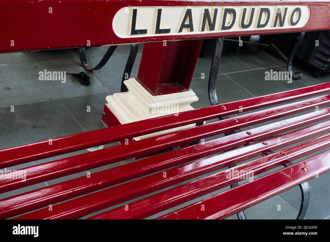 Bench seat at Llandudno railway station. Wales Stock Photo