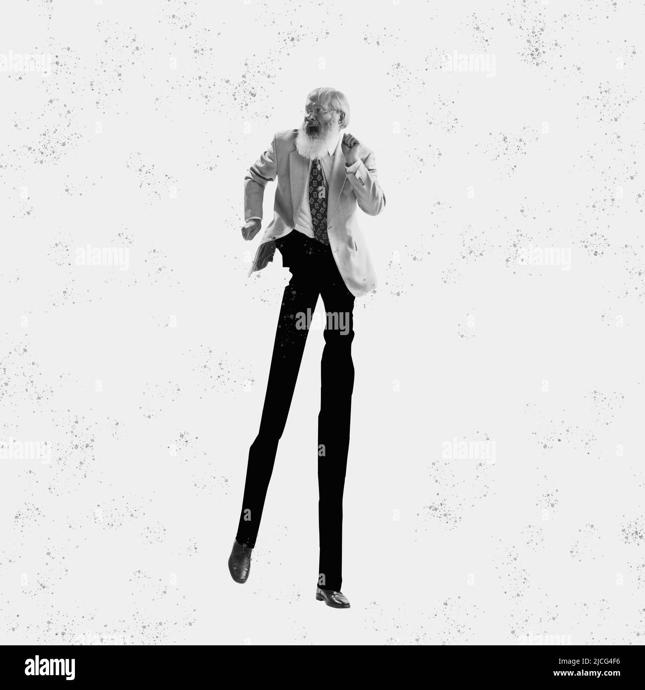 Contemporary art collage. Strange senior man in 60s, 70s fashion style outfit with long drawn legs dancing isolated on paper effect background Stock Photo