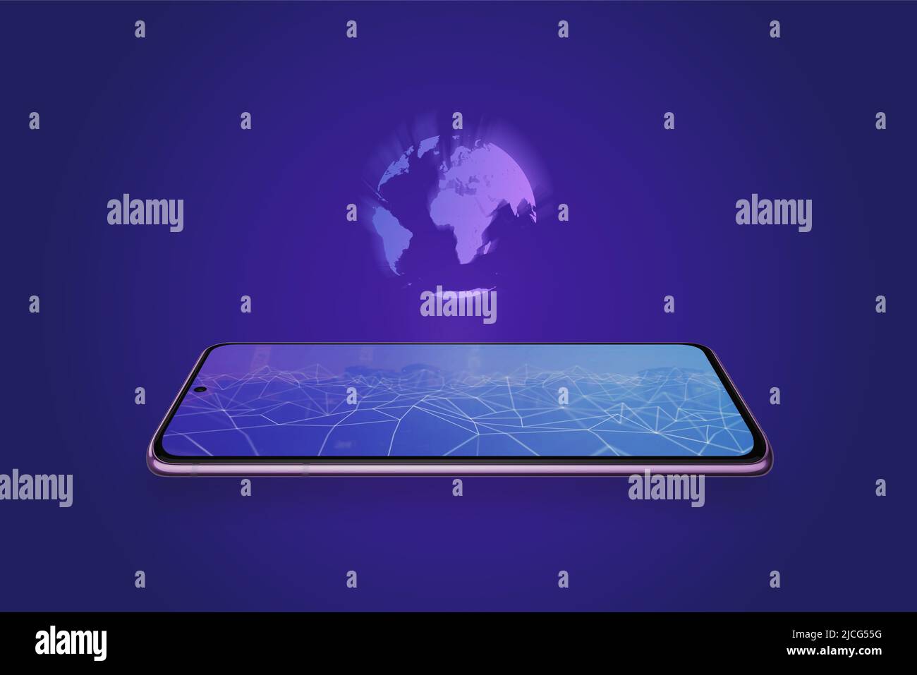 Projection of the planet from a mobile phone display. Augmented reality technology on mobile. The concept of metaverse virtual reality technology. Stock Photo
