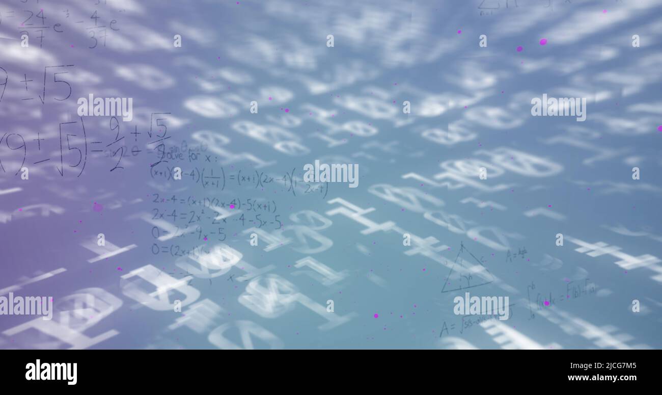 Image of mathematical equations and data processing on blue background Stock Photo