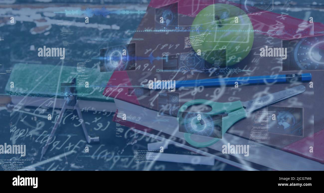 Image of mathematical equations and data processing over books Stock Photo