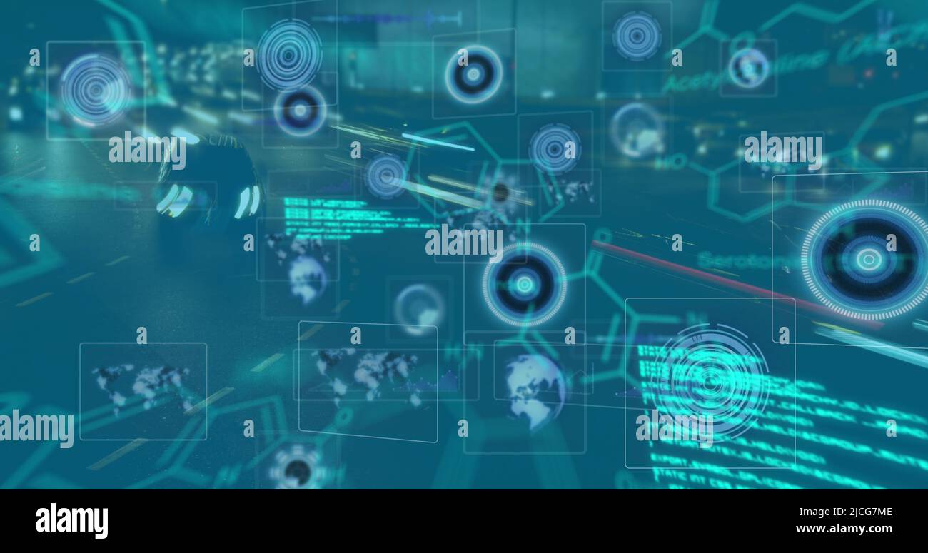 Image of shapes and data processing over road Stock Photo - Alamy