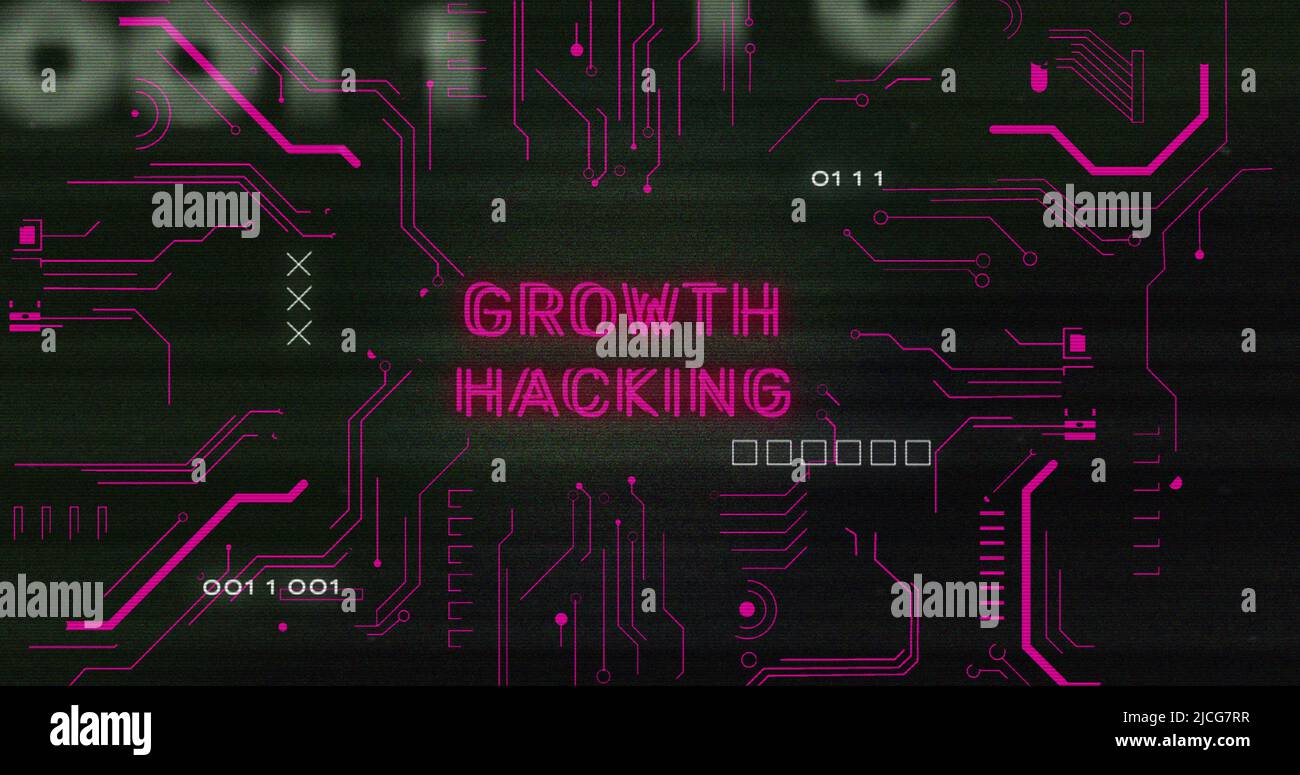 Image of interference over growth hacking text, data processing and computer circuit board Stock Photo