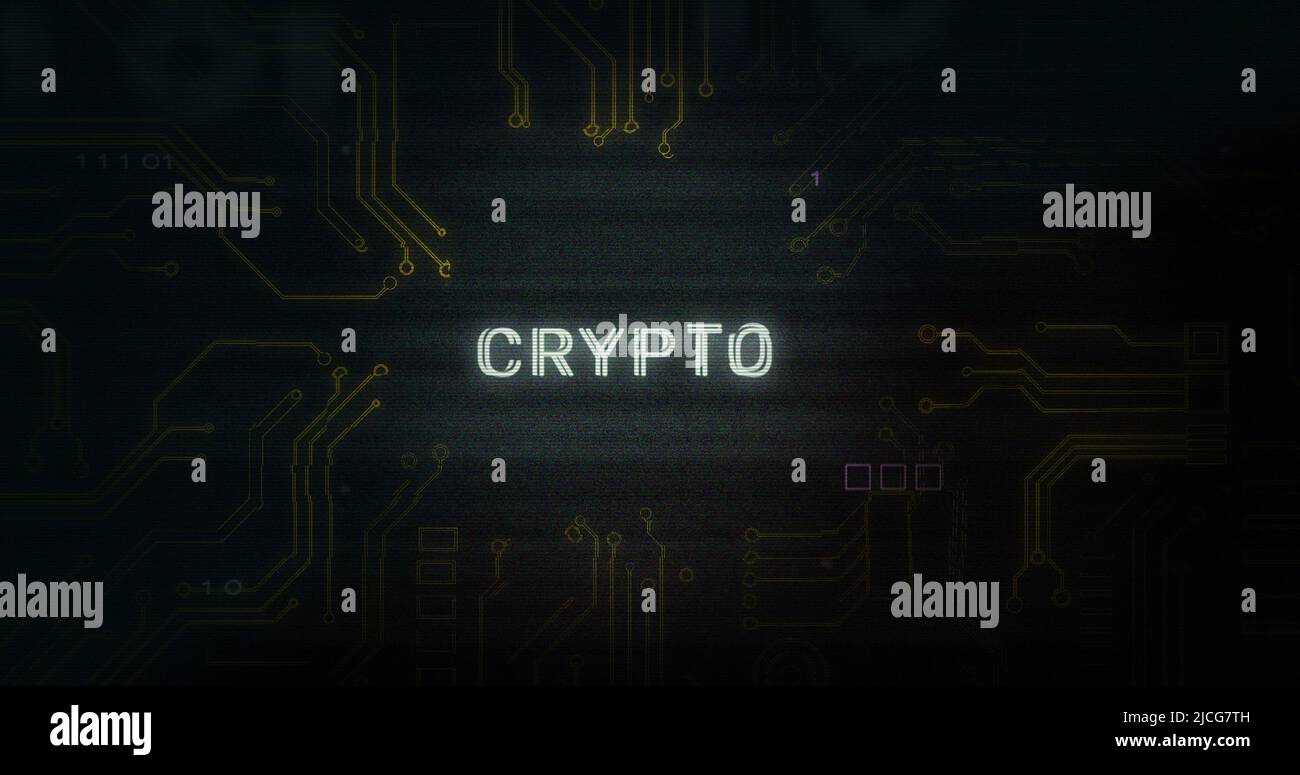 Image of interference over crypto text, data processing and computer circuit board Stock Photo