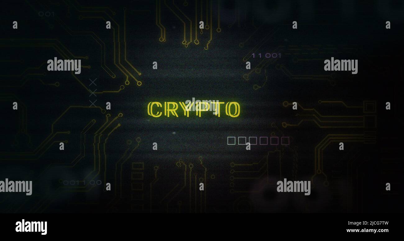 Image of interference over crypto text, data processing and computer circuit board Stock Photo