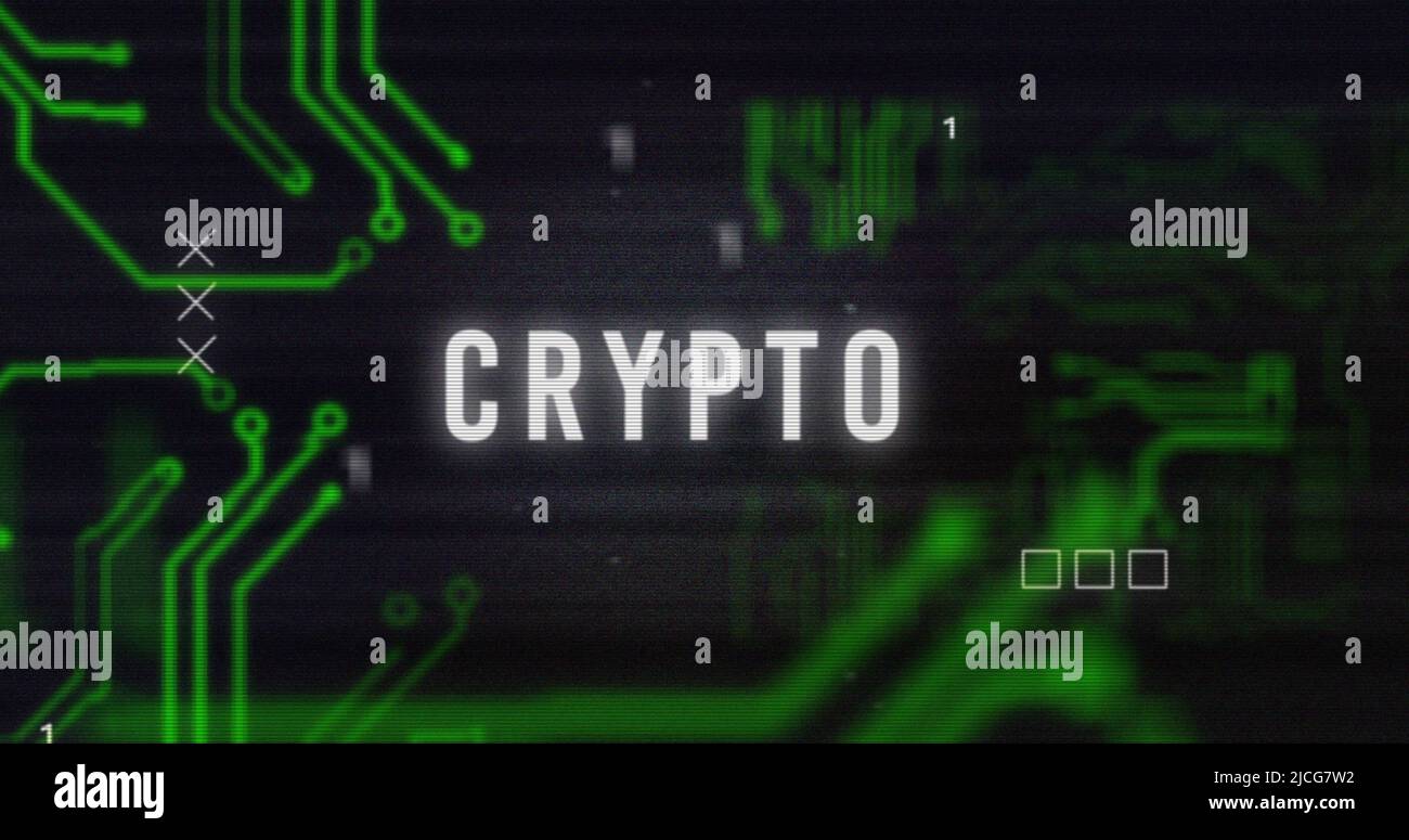 Image of interference over crypto text, data processing and computer circuit board Stock Photo
