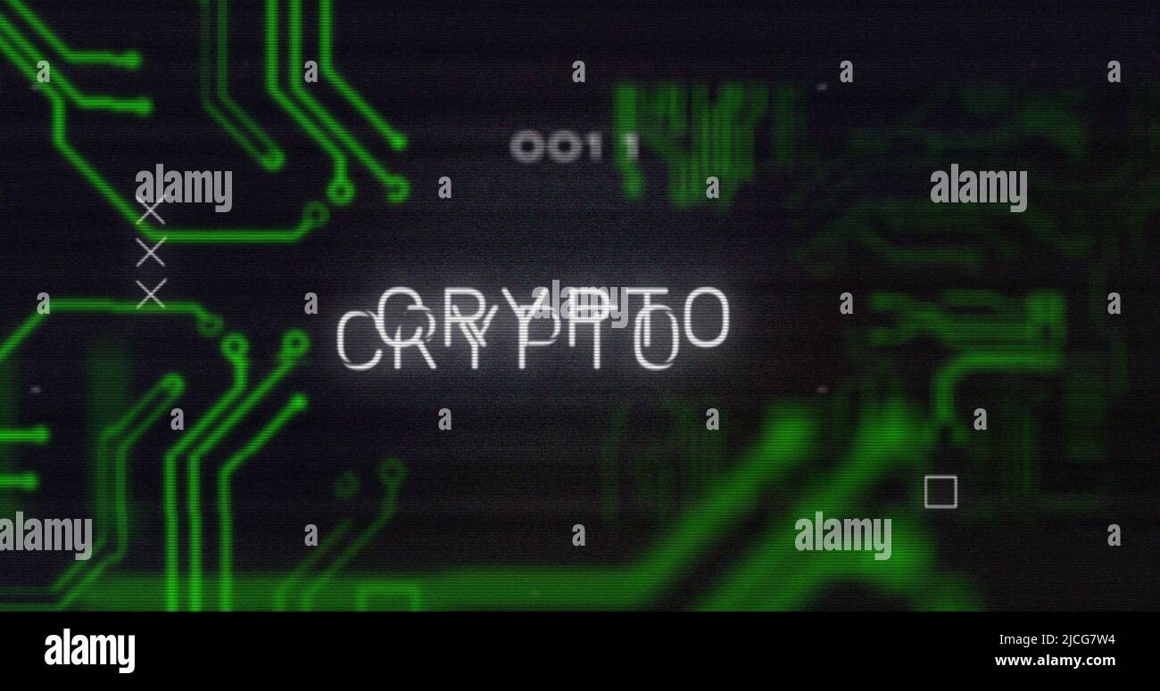 Image of interference over crypto text, data processing and computer circuit board Stock Photo