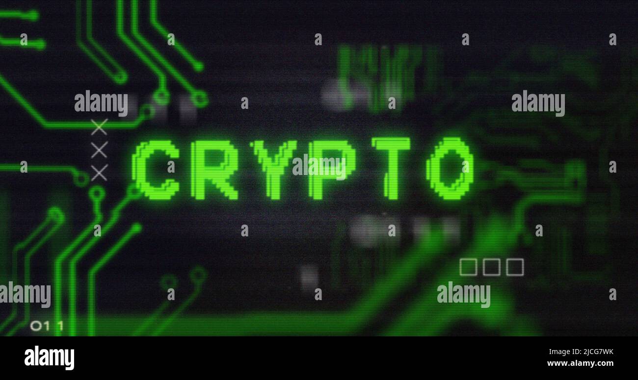 Image of interference over crypto text, data processing and computer circuit board Stock Photo