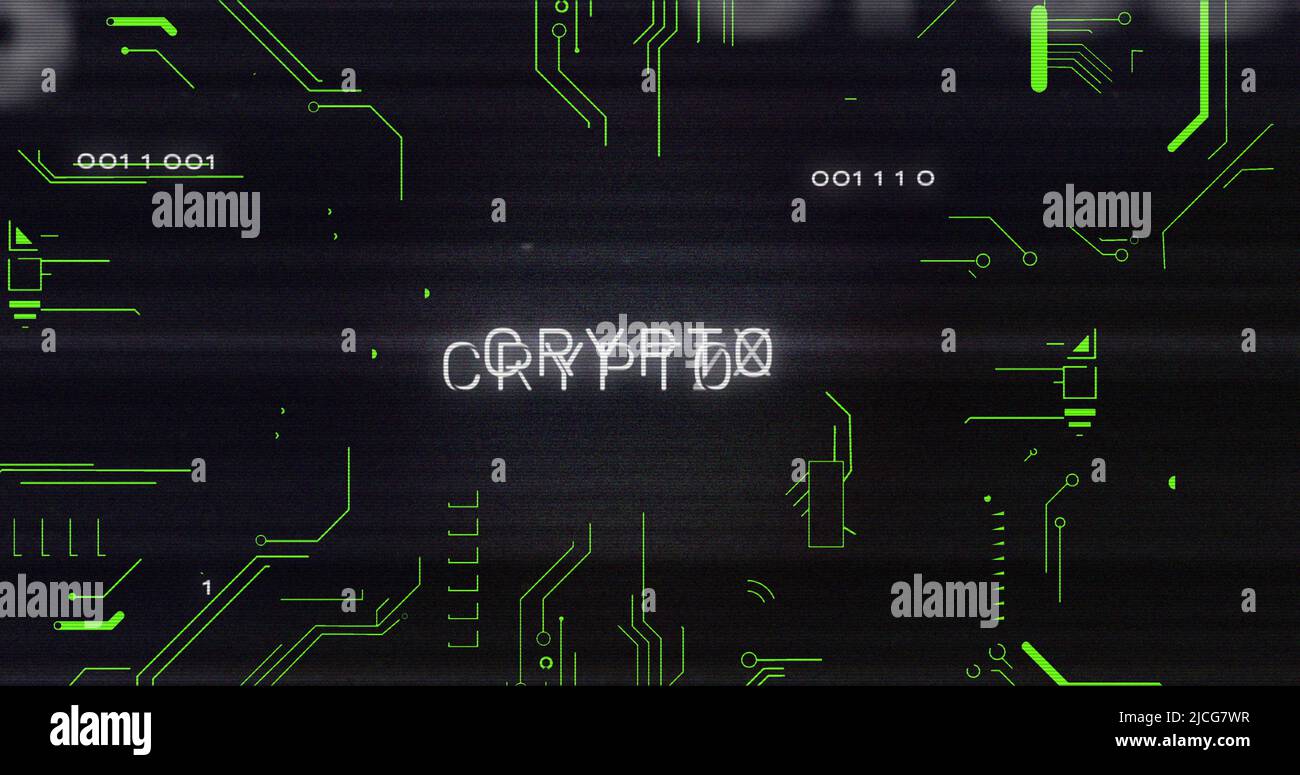 Image of interference over crypto text, data processing and computer circuit board Stock Photo