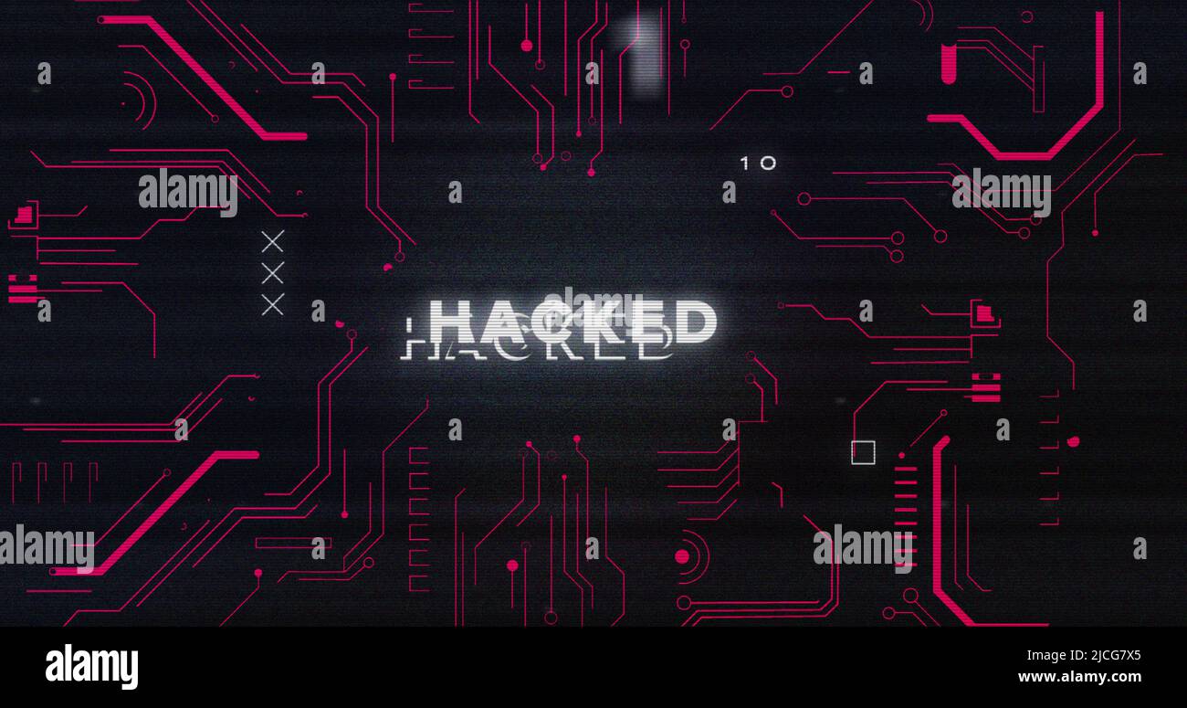 Image of interference over hacked text, data processing and computer circuit board Stock Photo