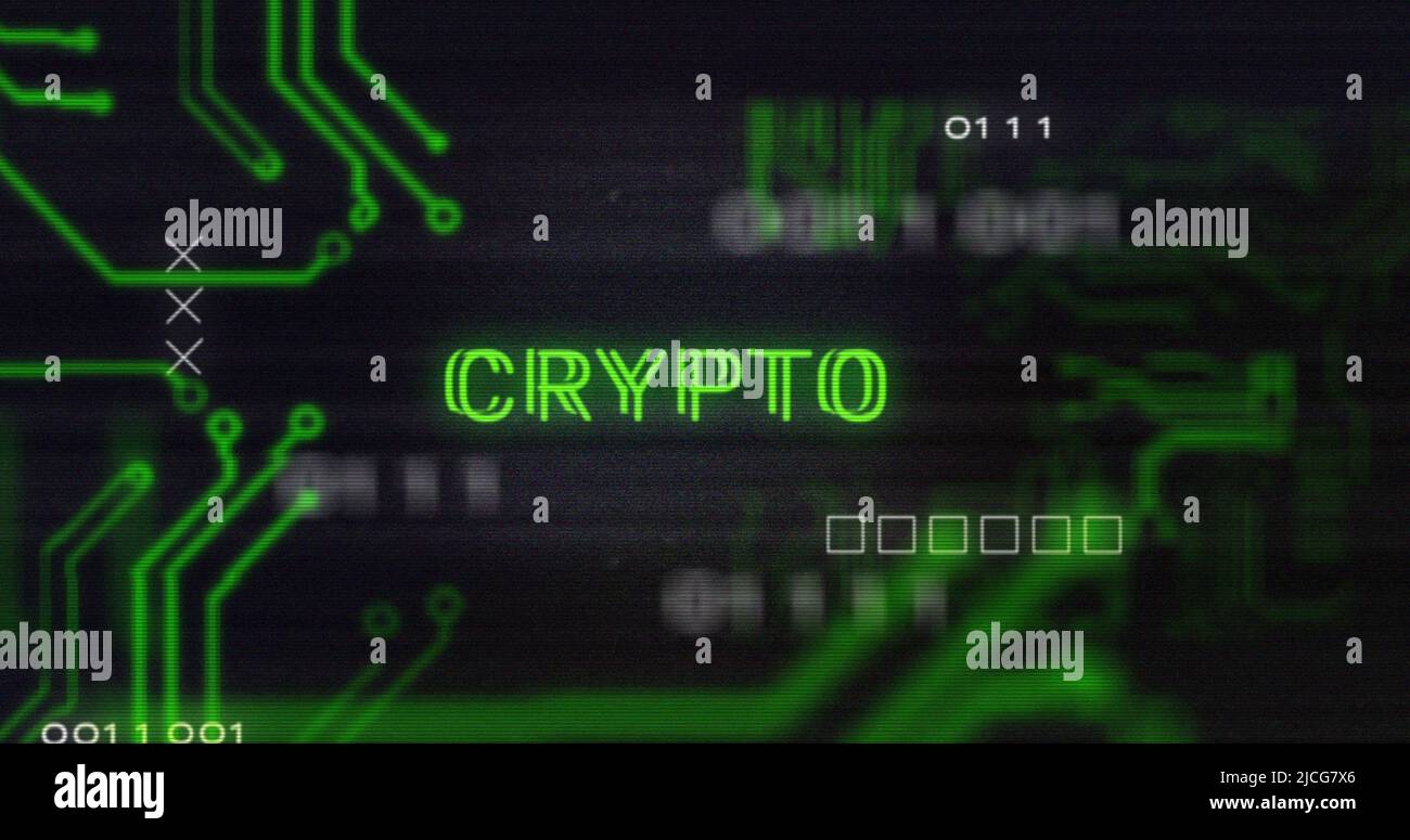 Image of interference over crypto text, data processing and computer circuit board Stock Photo