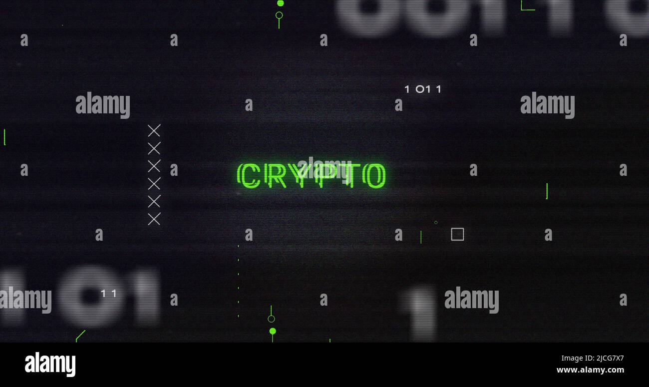 Image of interference over crypto text, data processing and computer circuit board Stock Photo