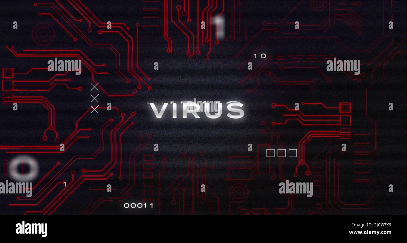 Image of interference over virus text, data processing and computer circuit board Stock Photo