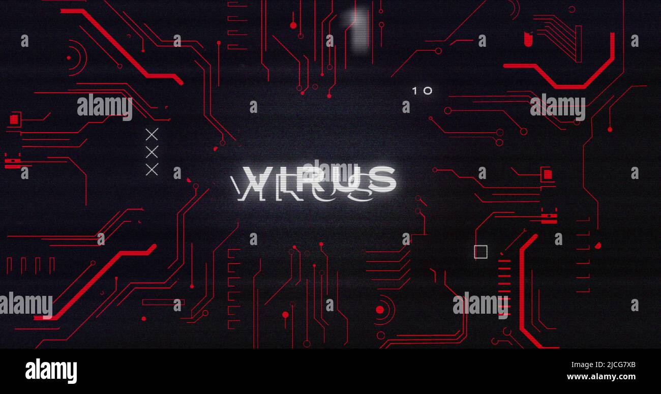 Image of interference over virus text, data processing and computer circuit board Stock Photo